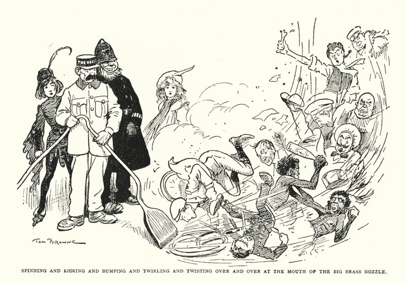 Pörgés és rúgás és ütés, forgás és csavarodás újra és újra a nagy sárgaréz fúvóka szájánál (litho) alkotó: Tom Browne