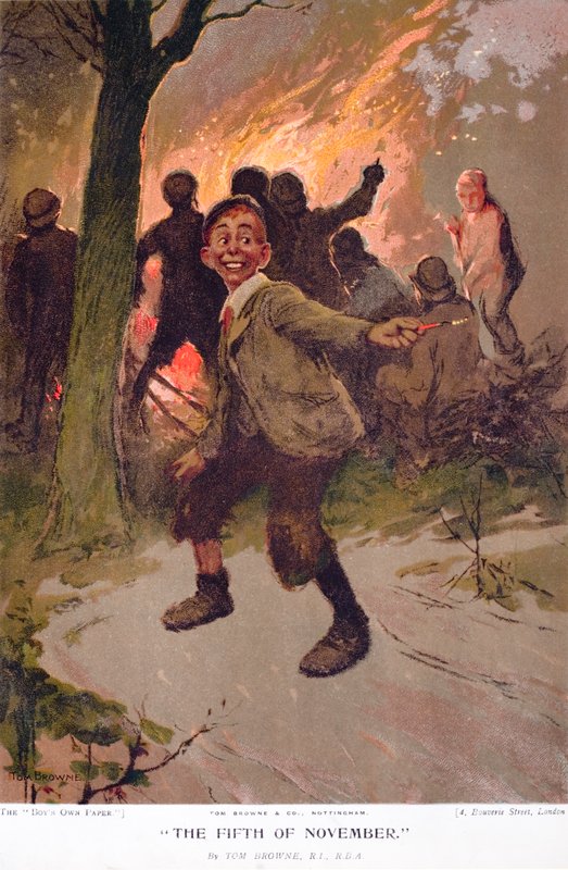 November ötödike, izgatott fiú a máglya éjszakáján (színes litó) alkotó: Tom Browne