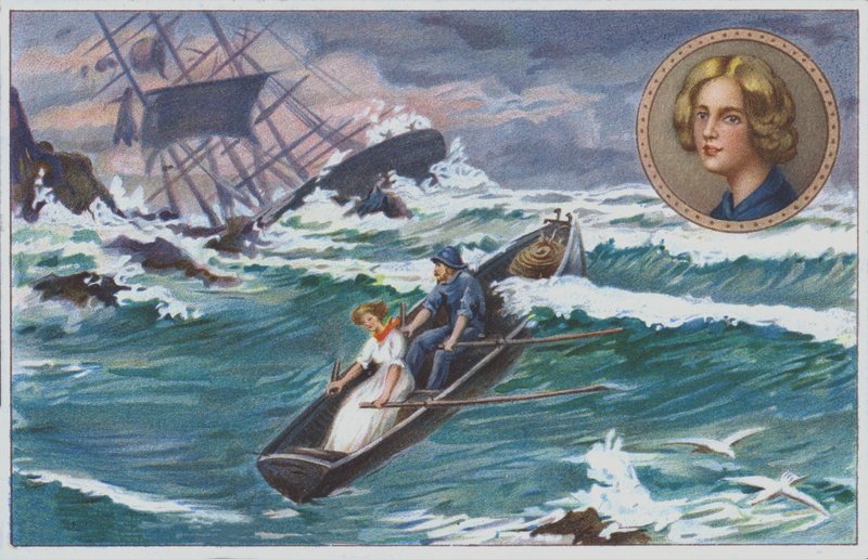 Grace Darling 1838-ban apjával együtt evez ki a Forfarshire nevű hajótörést szenvedett hajó túlélőinek megmentésére. (chromolitho) alkotó: Unknown artist
