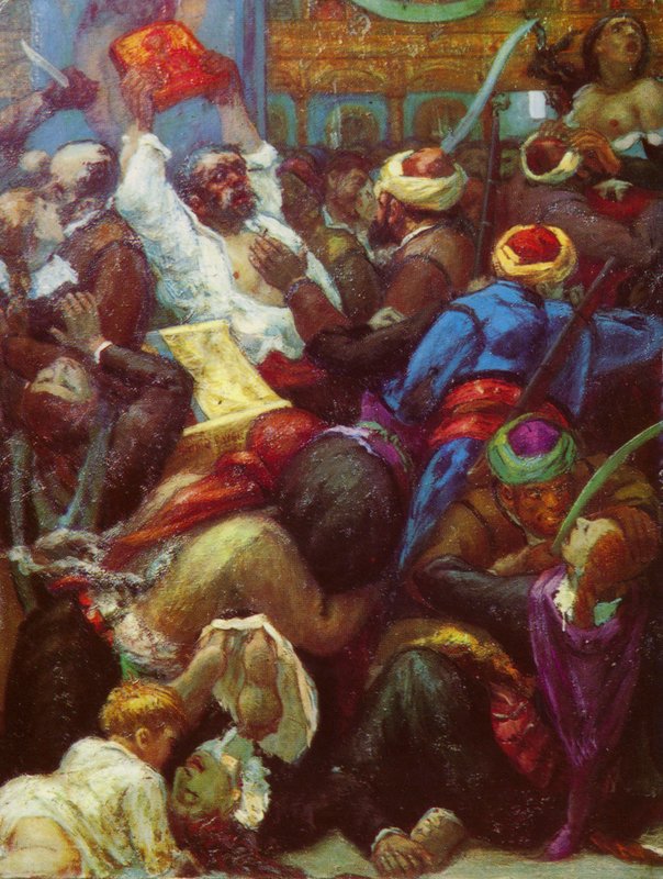 Keresztények lemészárlása a bulgáriai Batak templomában a török irreguláris csapatok által. alkotó: Unknown artist