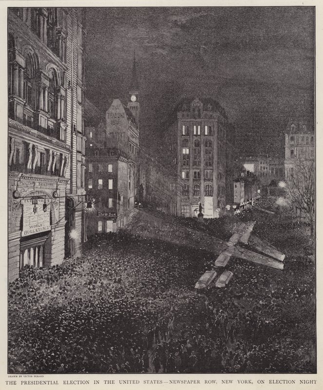 Newspaper Row, New York City, az amerikai elnökválasztás éjszakáján, 1892. november 8-án (litho) alkotó: V. Perard