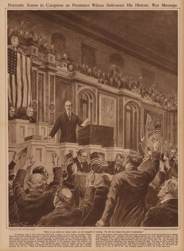 Woodrow Wilson amerikai elnök kéri a kongresszust, hogy hirdessen háborút Németországnak alkotó: V. Perard