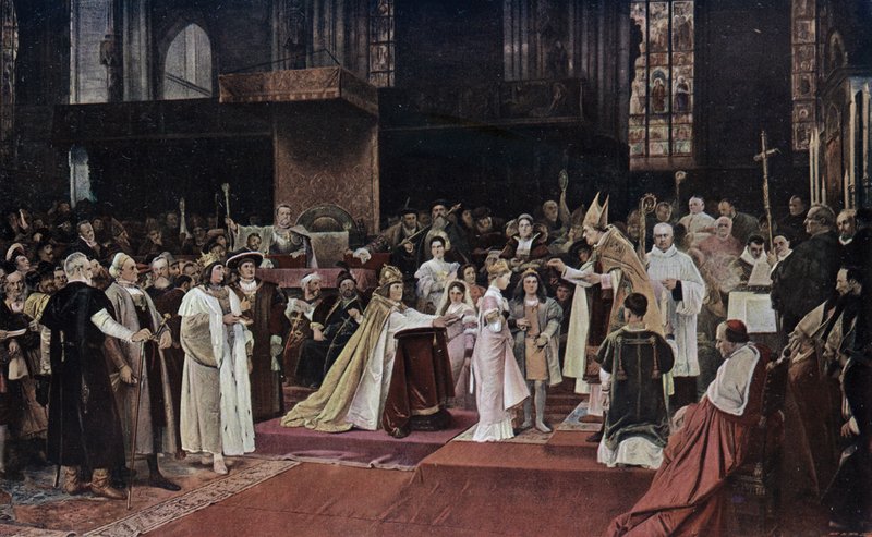 Tu felix Austria nube: I. Maximilianus római császár unokáinak és II. László cseh és magyar király gyermekeinek eljegyzése a bécsi Szent István-székesegyházban alkotó: Vaclav  Brozik