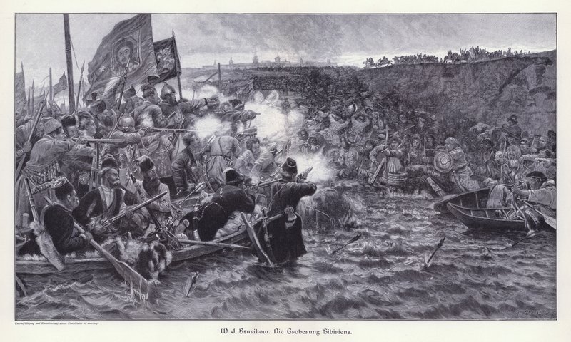 Jermak Timofejevics Szibéria meghódítása (metszet) alkotó: Vasilij Ivanovic Surikov