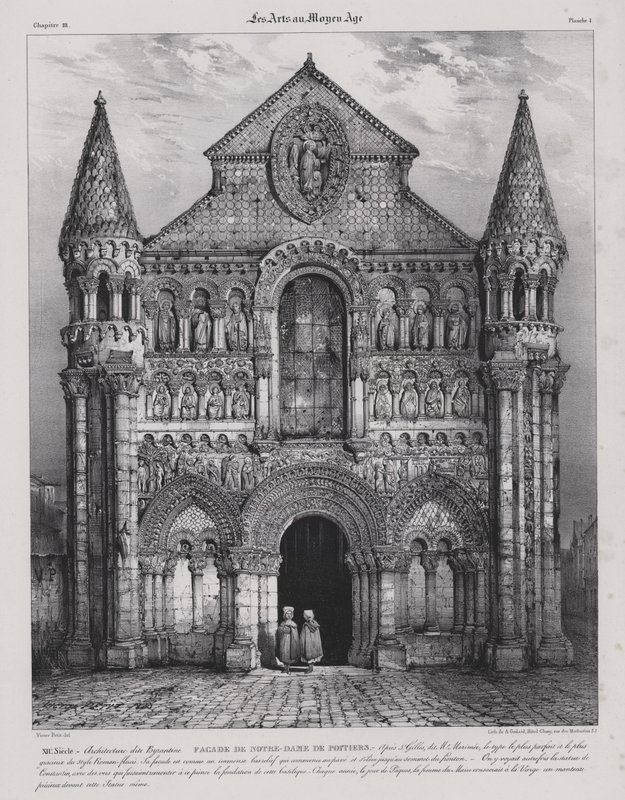 A Notre Dame la Grande templom román stílusú homlokzata, Poitiers, Franciaország (litho) alkotó: Victor Jean Baptiste (after) Petit