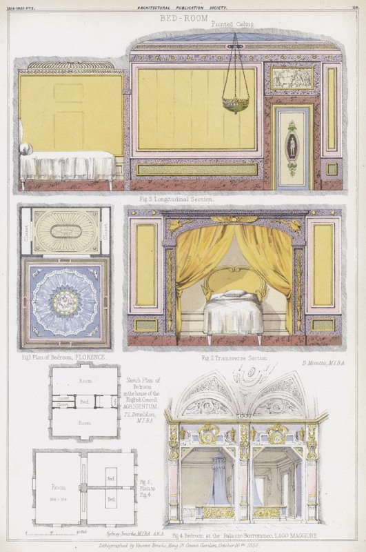 Hálószobák Firenzében, az angol konzul háza Agrigentumban és a Casa Borromeo, a Maggiore-tó, Olaszország (színes litho) alkotó: Vincent Brooks