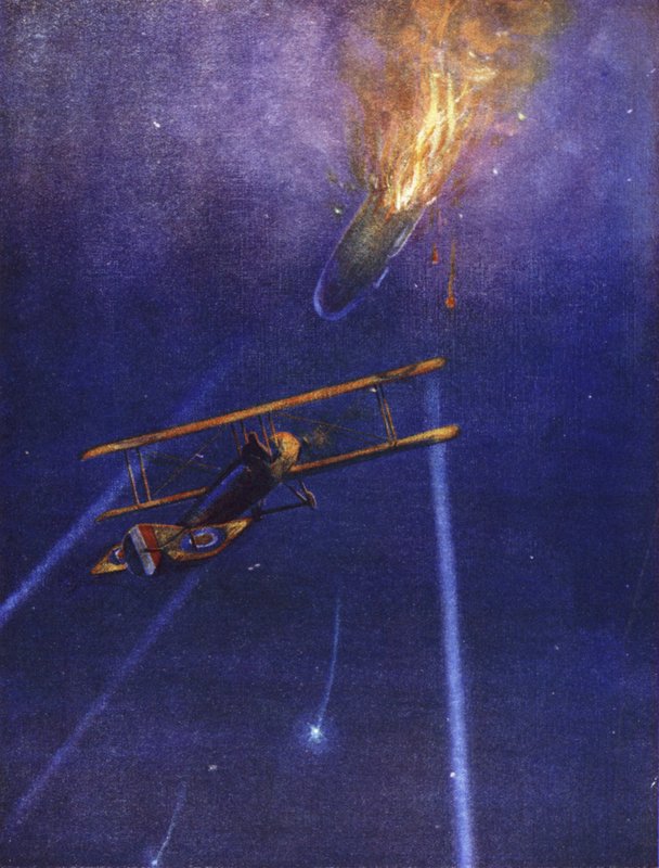 William Leefe Robinson hadnagy megtámad egy ellenséges léghajót és lángba borítja Cuffley felett, Hertfordshire, 1916 szeptembere. alkotó: W. Avis