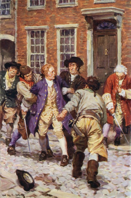 "Ebben a pillanatban számos fickó rohant be és megragadta Jonest" (színes litho) alkotó: W.R.S. (after) Stott