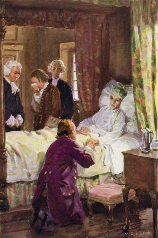 "Jones jótevője lába elé vetette magát" (színes litho) alkotó: W.R.S. (after) Stott