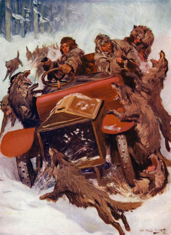 "Úgy tűnt, hogy a vad lények túlrohanták az autót" (színes litho) alkotó: W.R.S. (after) Stott