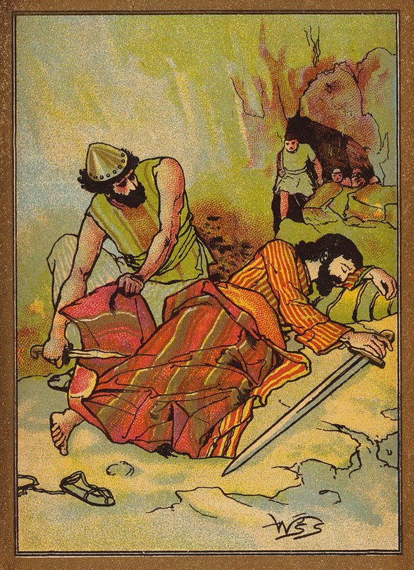 Dávid levágja Saul palástjának szoknyáját (színes litográfia) alkotó: W.S. Stacey