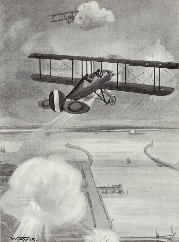 Richard Davies osztagvezető és Richard Peirse repülő hadnagy bombákat dobtak a zeebruggei tengeralattjáró-állomásra erős tűz alatt, 1915. január 23. alkotó: W. Avis