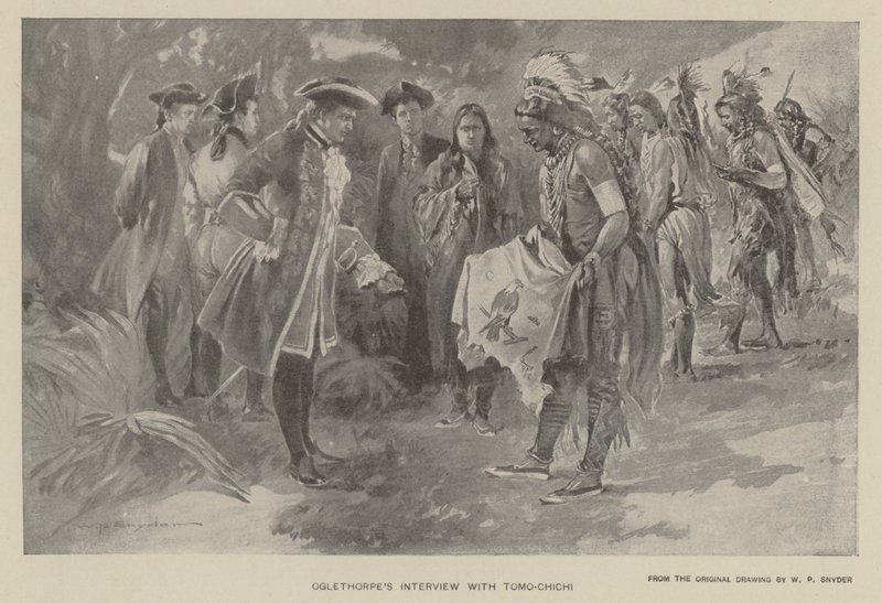Oglethorpe interjúja Tomochichivel (litho) alkotó: W. P. Snyder