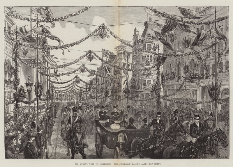 A királynő látogatása Birminghamben, a körmenet a New-Street mentén halad alkotó: Walter Paget
