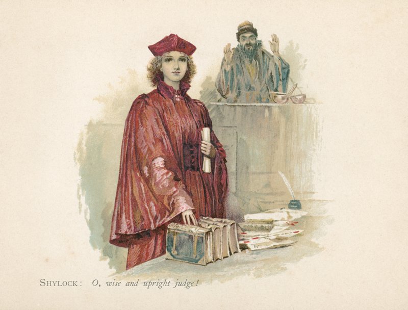 Portia és Shylock a Velencei kereskedőben (chromolitho) alkotó: Walter Stanley Paget
