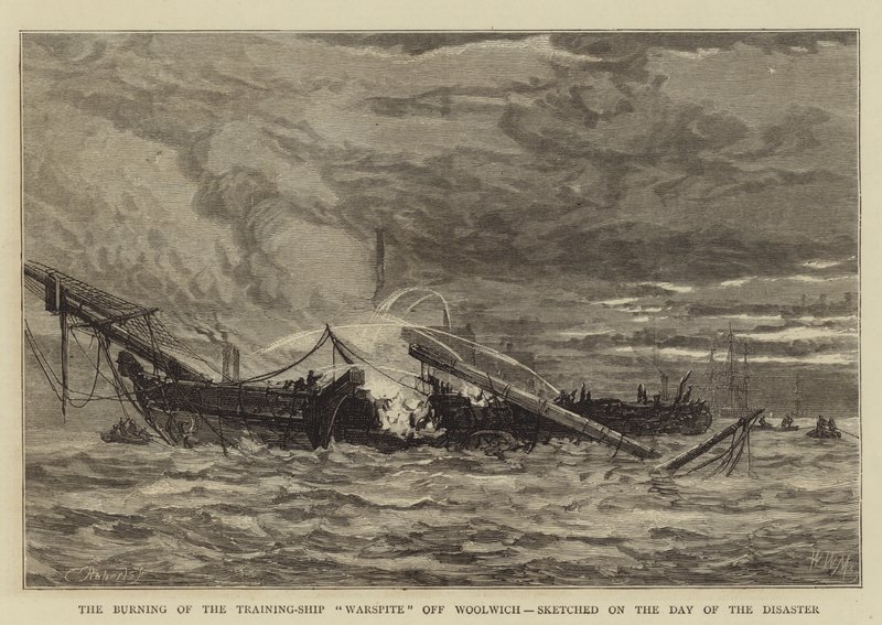 A Woolwich melletti kiképzőhajó felgyújtása, a katasztrófa napján alkotó: Walter William May