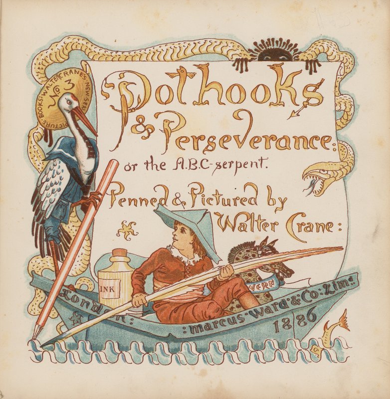 Walter Crane illusztrációja a Pothooks and Perseverance (színes litográfia) című könyvhöz. alkotó: Walter (after) Crane