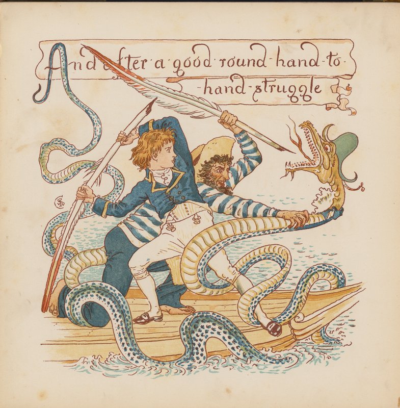 Walter Crane illusztrációja a Pothooks and Perseverance (színes litográfia) című könyvhöz. alkotó: Walter (after) Crane
