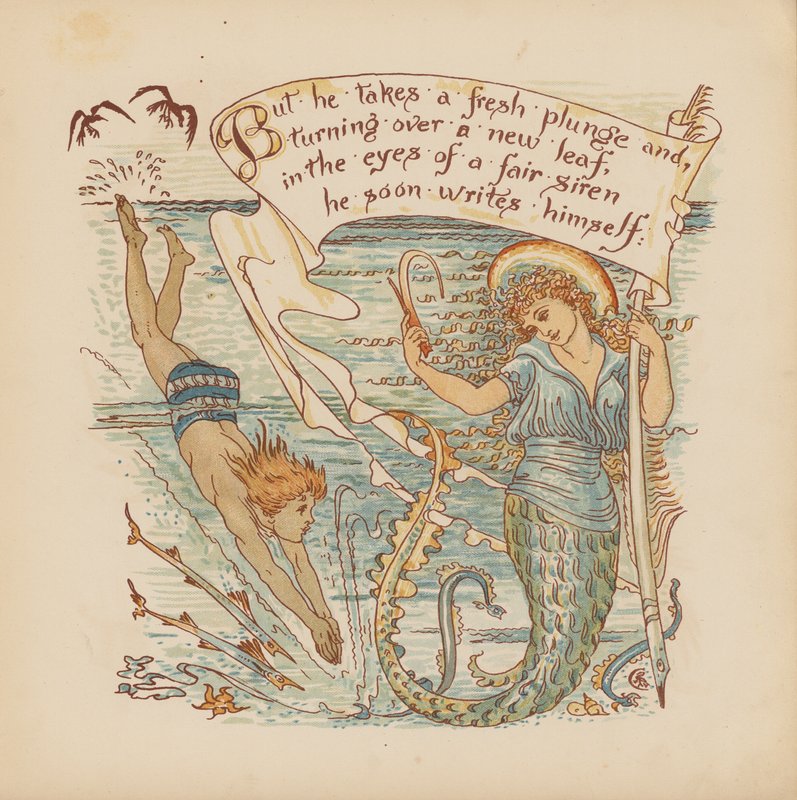 Walter Crane illusztrációja a Pothooks and Perseverance (színes litográfia) című könyvhöz. alkotó: Walter (after) Crane