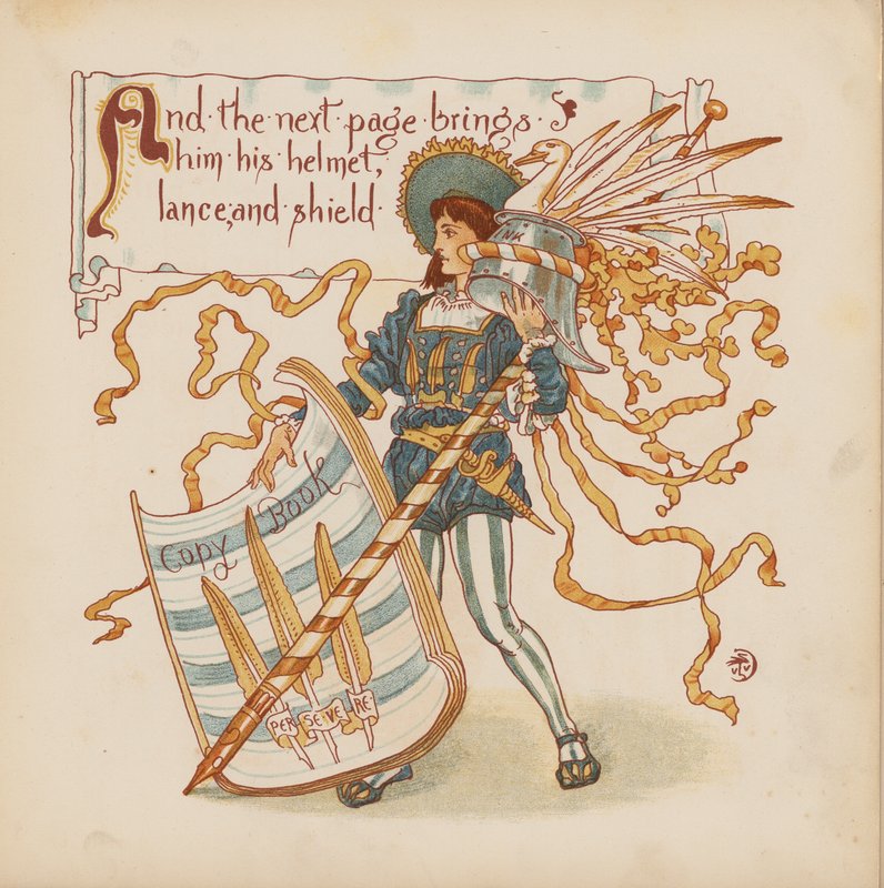 Walter Crane illusztrációja a Pothooks and Perseverance (színes litográfia) című könyvhöz. alkotó: Walter (after) Crane