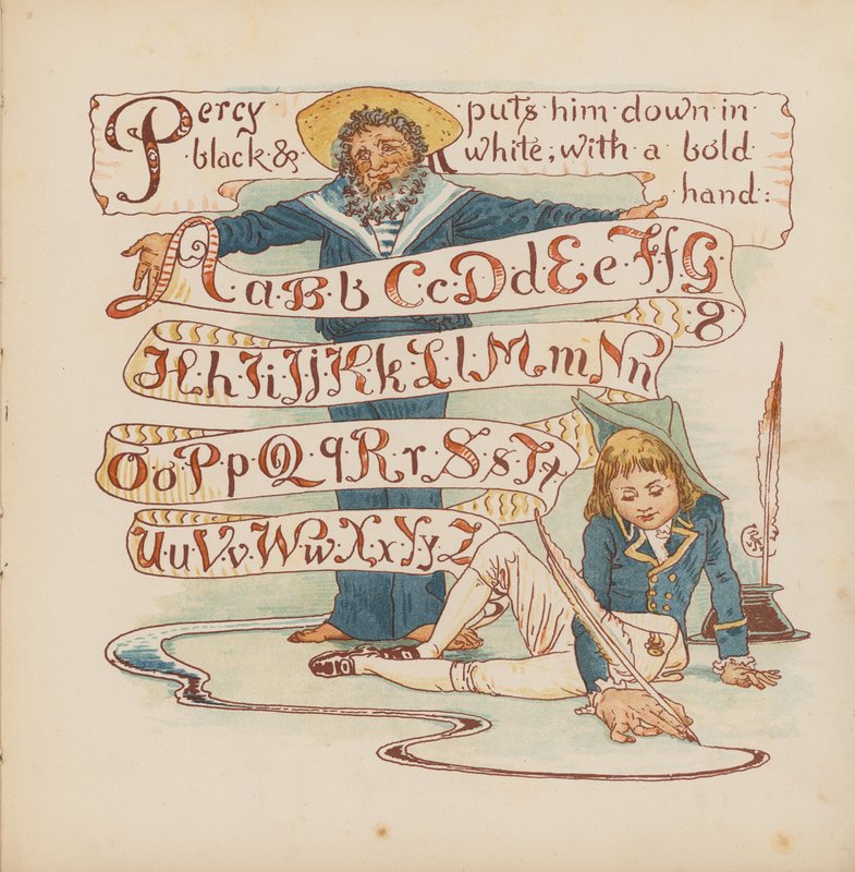 Walter Crane illusztrációja a Pothooks and Perseverance (színes litográfia) című könyvhöz. alkotó: Walter (after) Crane