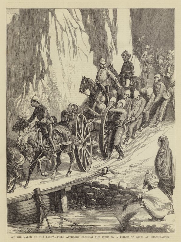 A frontra tartó menetben a tábori tüzérség átkelt az Induson a Khooshiahgurh-i csónakhídon alkotó: Walter Charles Horsley