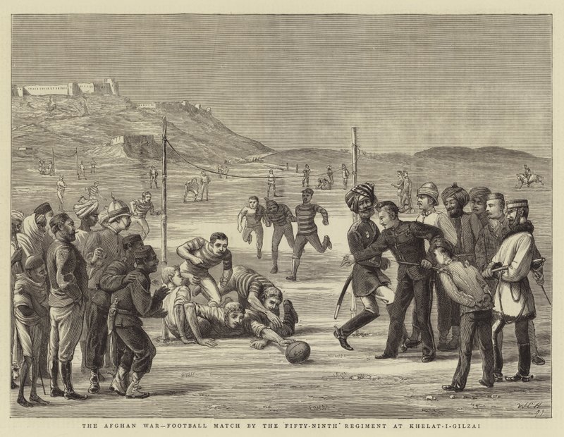 Az afgán háború, az ötvenkilencedik ezred futballmérkőzése Khelat-i-Gilzaiban alkotó: Walter Charles Horsley