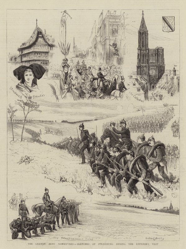 A német hadsereg manőverei, vázlatok Strassburgban a császárlátogatás alatt alkotó: Walter Charles Horsley