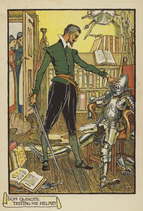 Don Quijote teszteli a sisakját alkotó: Walter Crane