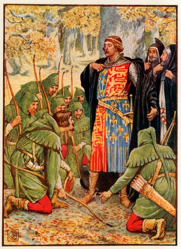 Robin Hood és emberei letérdelnek a király előtt. alkotó: Walter Crane