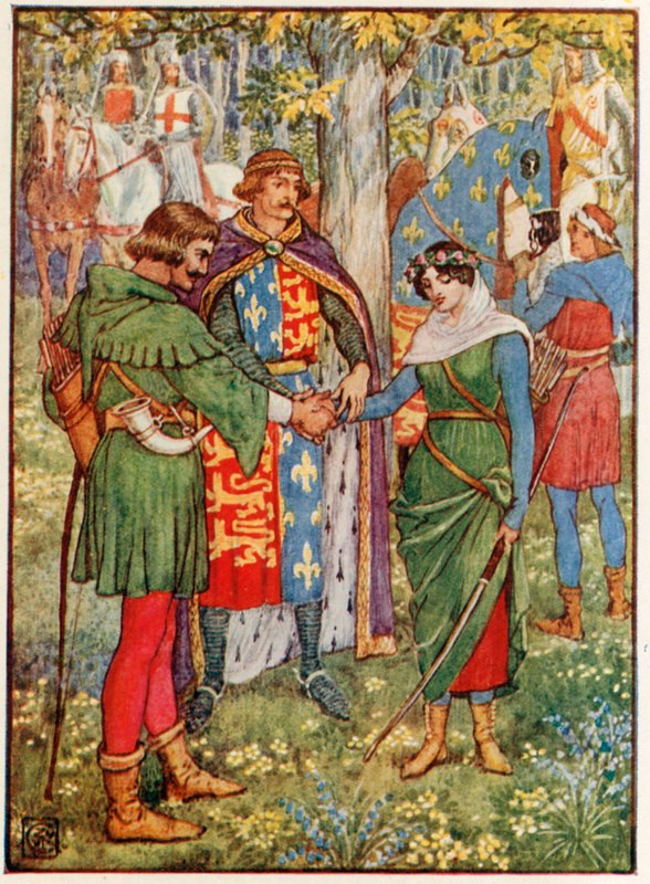 A király összefogja Robin Hood és Marian szobalány kezét alkotó: Walter Crane