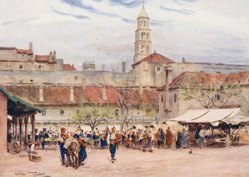 A spalatói piac (színes litográfia) alkotó: Walter Frederick Roofe Tyndale