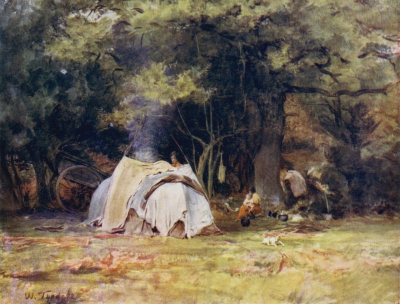 Az új erdő: A cigánytábor a kennelek közelében Lyndhurst és Minstead között (színes litho) alkotó: Walter Frederick Roofe Tyndale