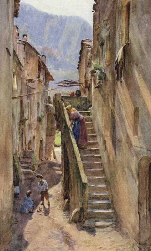 Vicolo del Ponte, Villa Nuova Di Albenga, Olaszország (színes litho) alkotó: Walter Frederick Roofe Tyndale