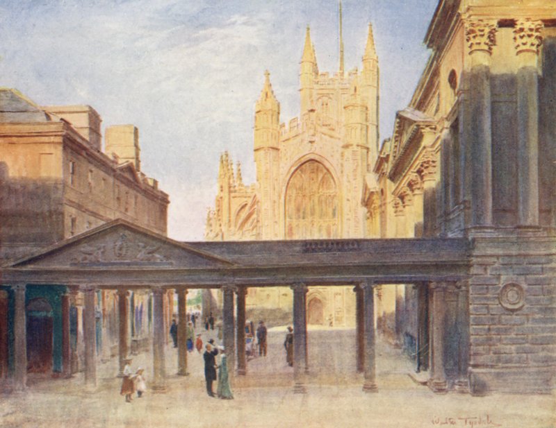 Wessex: Bath apátság és a szivattyúház (színes litográfia) alkotó: Walter Frederick Roofe Tyndale