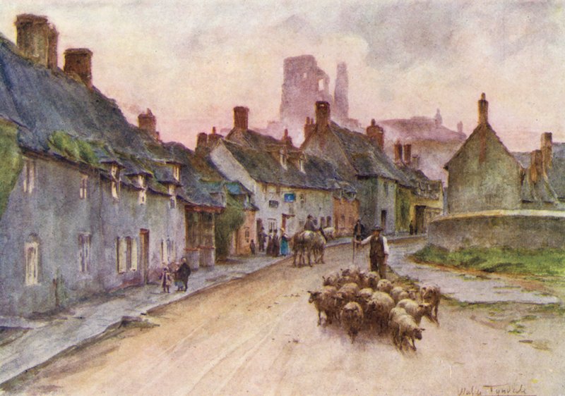 Wessex: Corfe Castle a West Street felől (színes litográfia) alkotó: Walter Frederick Roofe Tyndale