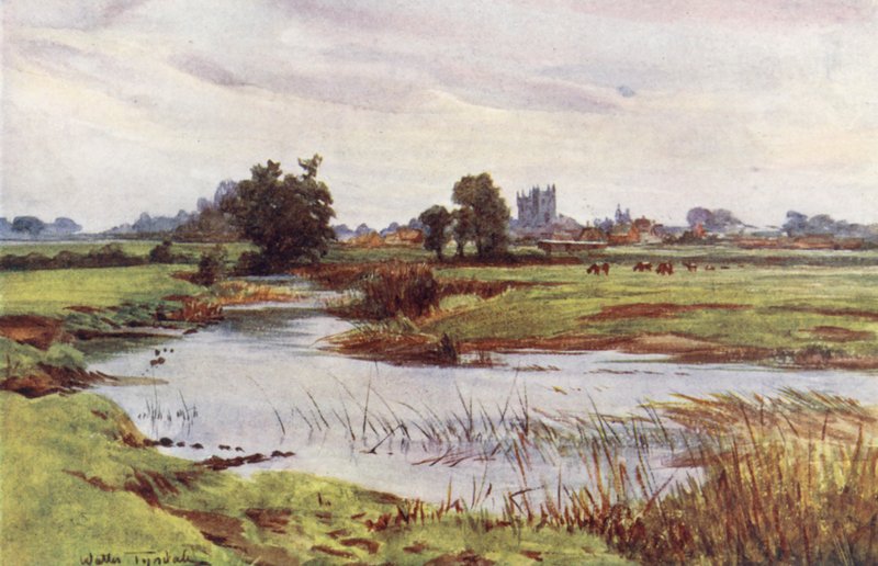 Wessex: Wimborne Minster a távolban (színes litográfia). alkotó: Walter Frederick Roofe Tyndale