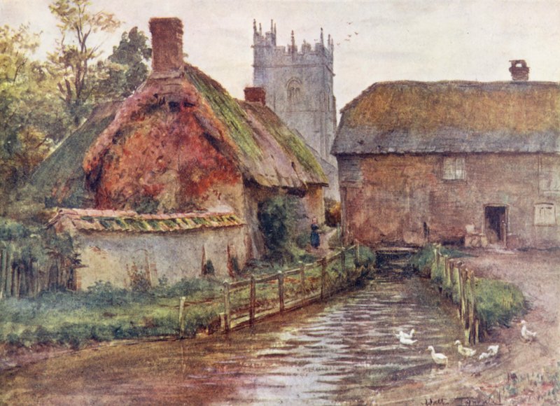 Wessex: Dorchester melletti Affpuddle malma és temploma (színes litográfia). alkotó: Walter Frederick Roofe Tyndale