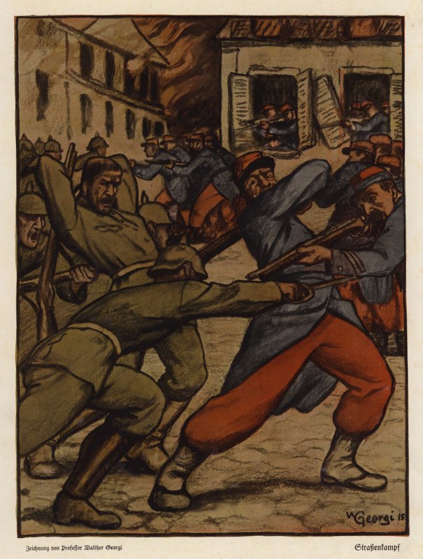 Utcai harc német és francia katonák között, I. világháború (színes litó) alkotó: Walter Georgi