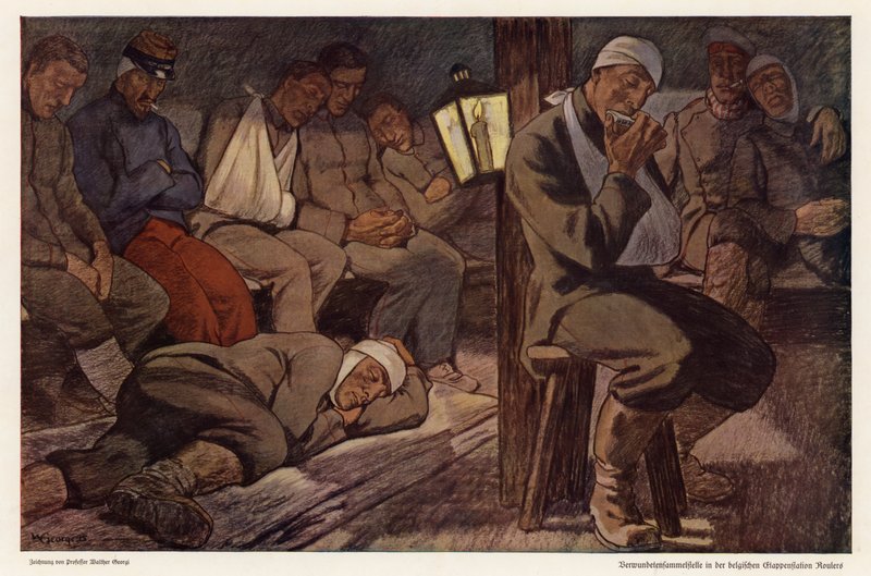 Sebesült katonák a belgiumi Roulers-i sebesültelhárító állomáson, I. világháború (színes litó) alkotó: Walter Georgi