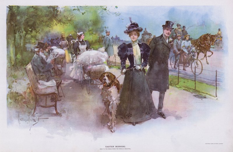 Húsvét reggel: nő sétáló kutyájával (színes litho) alkotó: Walter Granville Smith