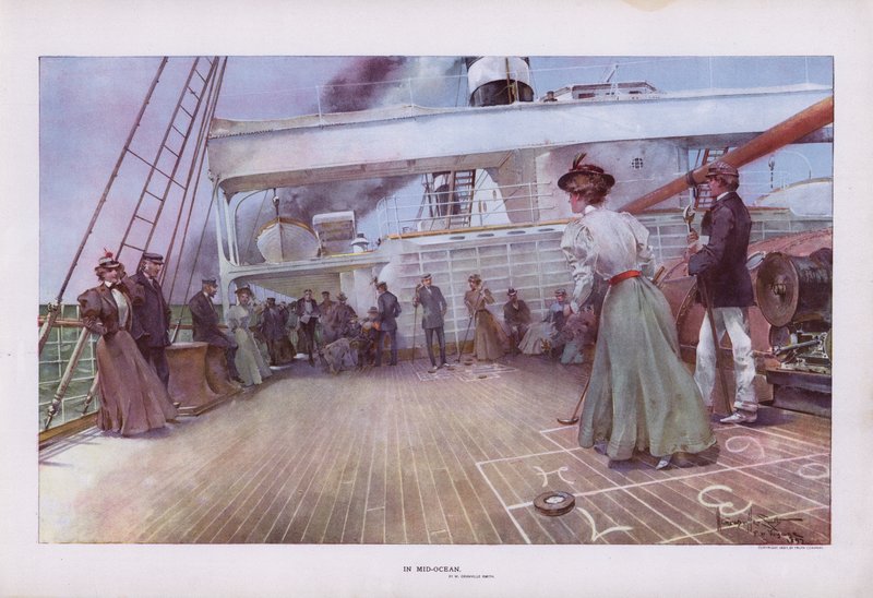 Az óceán közepén: az utasok, akik egy hajó fedélzetén játszanak shuffleboardot (színes litho) alkotó: Walter Granville Smith
