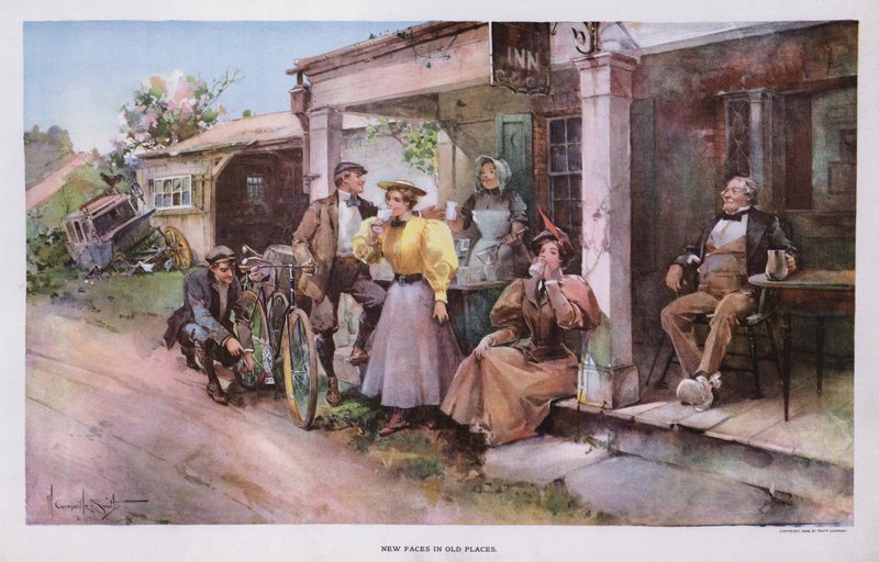 Új arcok a régi helyeken: kerékpárosok egy csoportja felfrissül egy út menti fogadóban (színes litho) alkotó: Walter Granville Smith