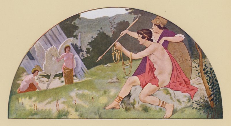 Bellerophon átveszi Minervától a szárnyas Pegazus lovat (színes litográfia) alkotó: Walter MacEwen