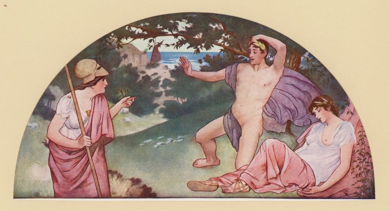 Thészeusz Minerva parancsára elhagyja az alvó Ariadnét (színes litográfia) alkotó: Walter MacEwen