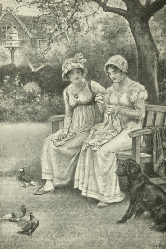 Jane Austen varr, nővérével, Cassandrával a Rectory Gardenben (litho) alkotó: Walter Paget