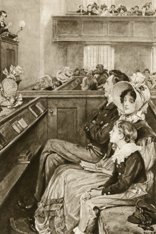 John Ruskin fiúként a prédikátort figyeli alkotó: Walter Paget