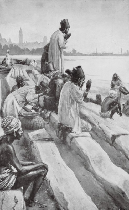 Parszik imádják a felkelő Napot a bombayi tengerparton (lithó) alkotó: Walter Paget