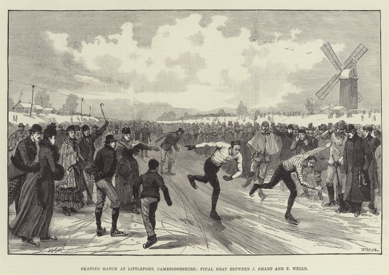 Korcsolyamérkőzés Littleportban, Cambridgeshire-ben, döntő futam J Smart és T Wells között alkotó: Walter Paget