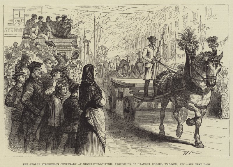 George Stephenson centenáriumi évfordulója Newcastle-on-Tyne-ben, igáslovak, kocsik, stb. alkotó: Walter Paget